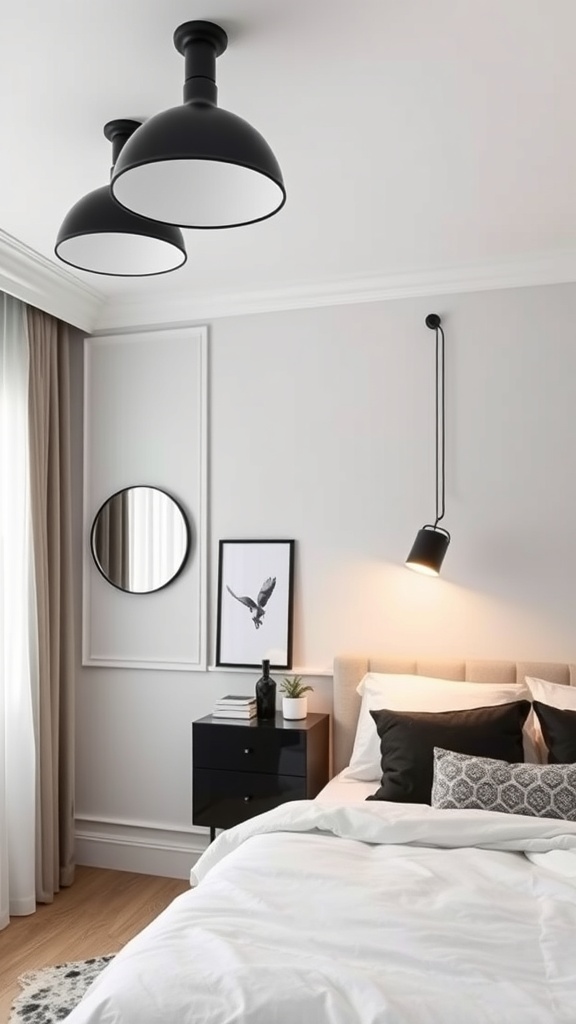 A modern bedroom featuring black statement lighting fixtures, a round mirror, and stylish decor.