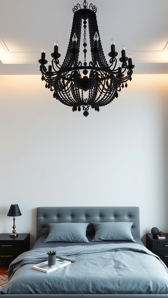 A stylish black chandelier hanging above a grey bed in a modern bedroom.