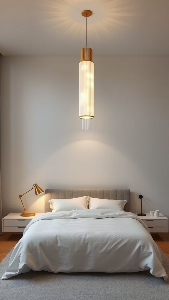 A minimal bedroom featuring a stunning cylindrical pendant light above a neatly made bed.