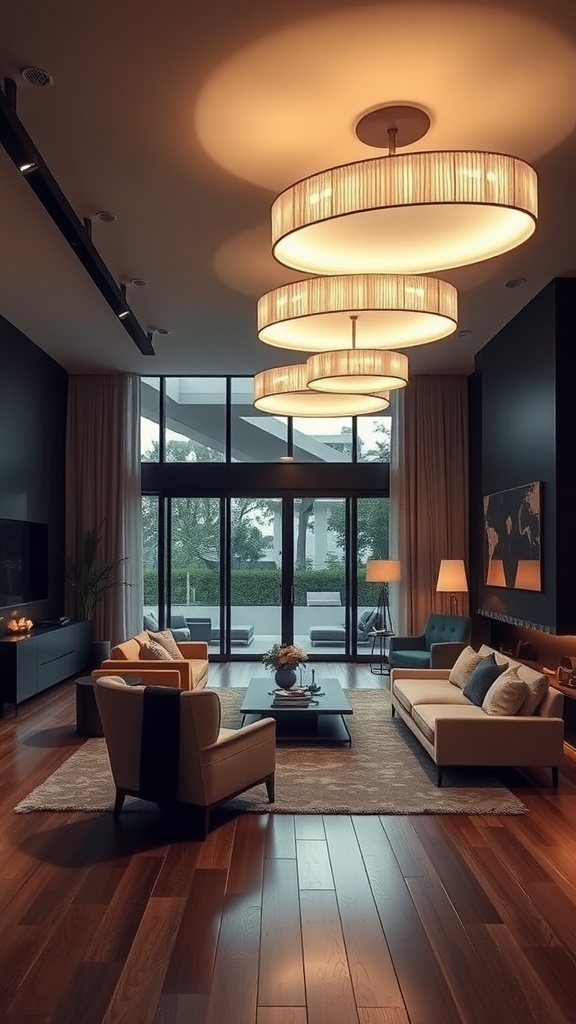 A modern living room featuring a three-tiered chandelier, stylish furniture, and large windows.