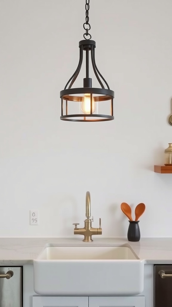 Stylish black metal pendant light in a modern farmhouse bathroom