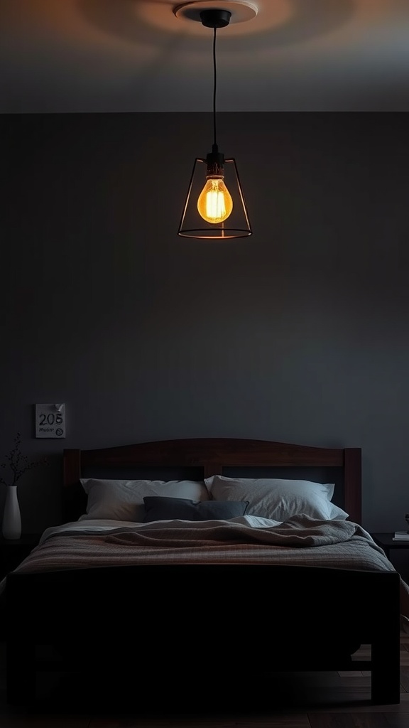 A cozy bedroom with a stylish pendant light casting a warm glow over the bed.