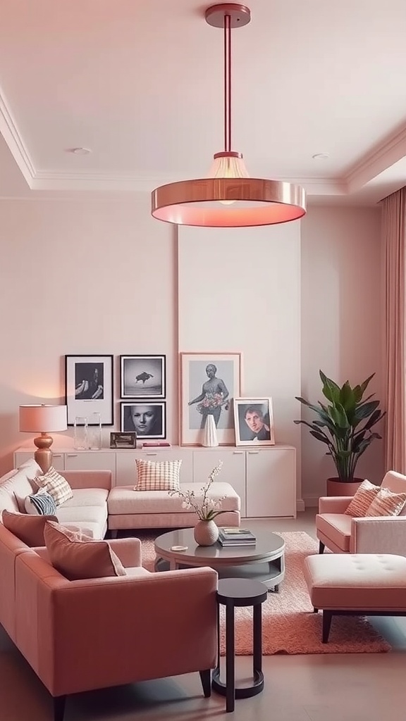 A stylish pink living room featuring a statement light fixture, soft furniture, and artwork