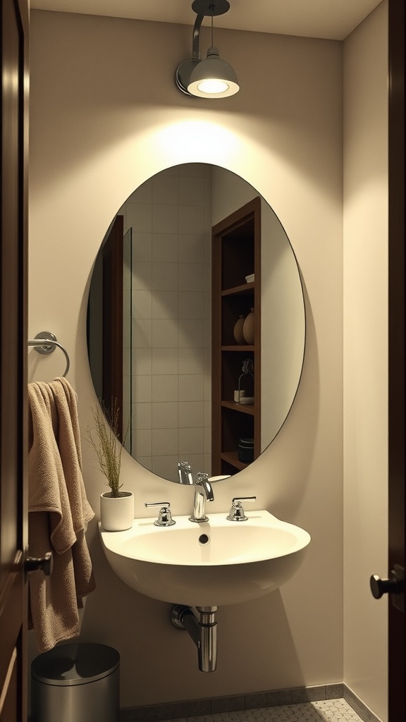 Aesthetic bathroom featuring an oval mirror above a modern sink with soft lighting