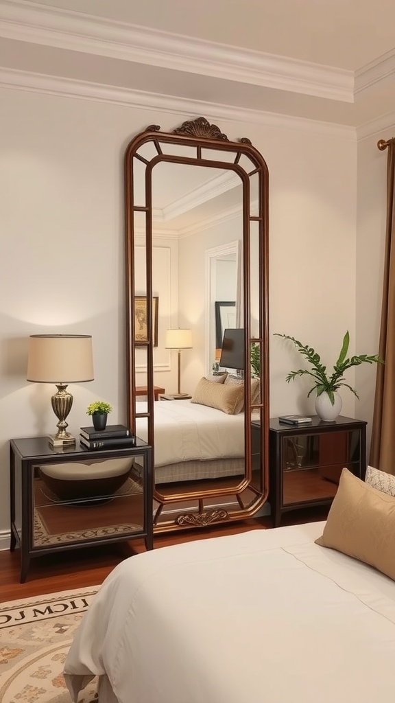 A stylish bedroom featuring a large statement mirror with a wooden frame, a bedside lamp, and decorative plants.