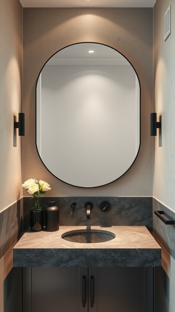 A modern bathroom with a round black-framed mirror, sleek dark countertop, and soft lighting.