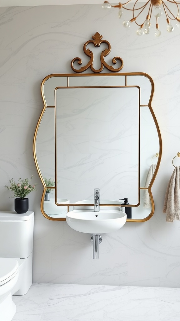 Bathroom with a unique gold-framed mirror above a sleek sink, featuring modern luxury design.