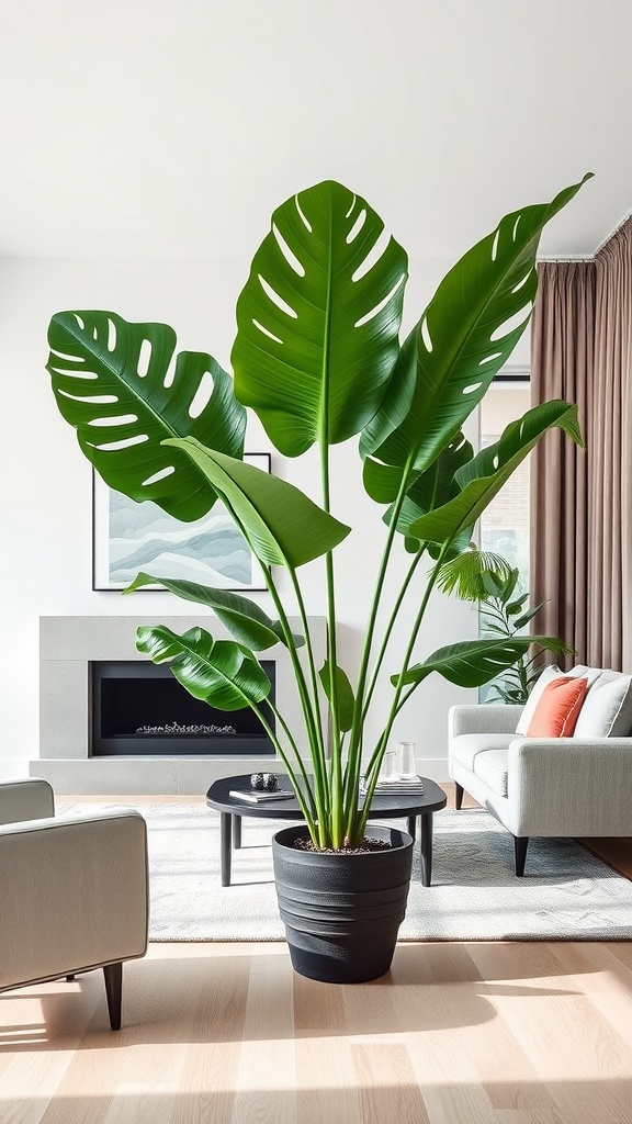 A large Monstera plant in a modern living room, showcasing its broad leaves and stylish pot.