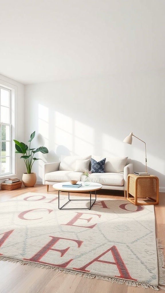 Minimalist living room with a large statement rug featuring bold lettering, a couch, coffee table, and plant.