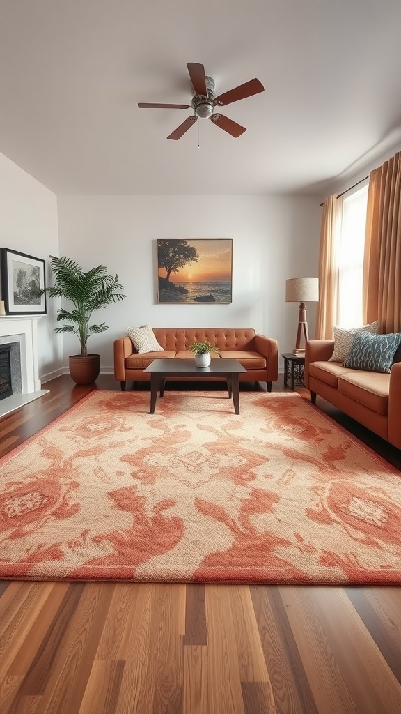 A cozy brown living room featuring a statement rug with warm tones and intricate designs, brown sofas, and a bright window.