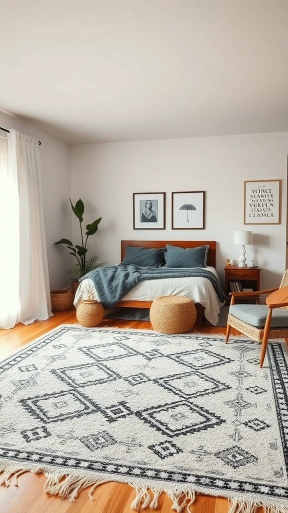 A cozy bedroom featuring a large patterned rug, a bed with soft bedding, and stylish decor.