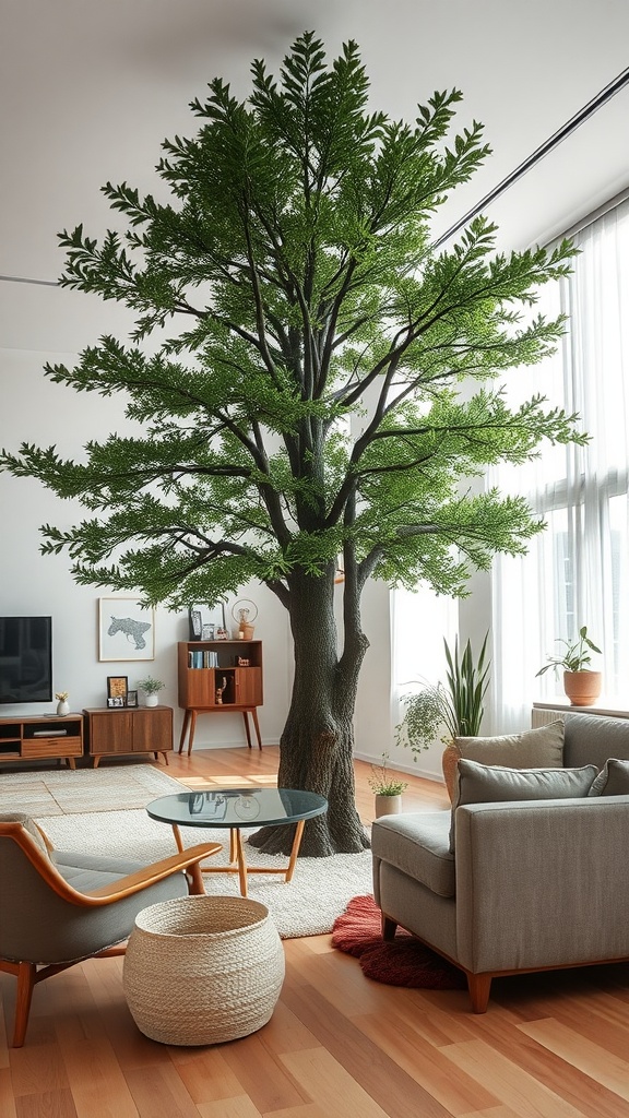 A spacious living room featuring a large artificial tree as a focal point, surrounded by modern furniture and plants.
