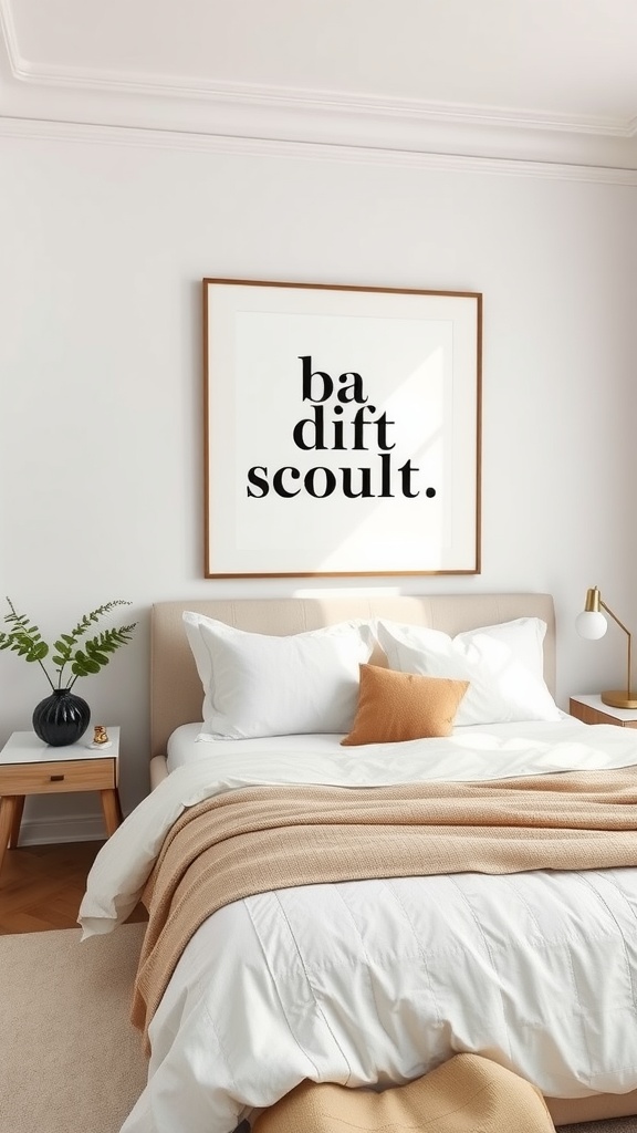 A white and beige bedroom featuring a statement wall art with bold typography above the bed.