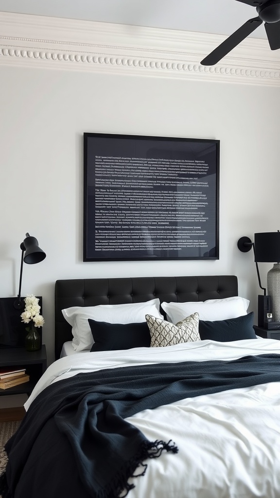 A stylish beige and black bedroom featuring a bold black accent wall with framed text art above the bed.
