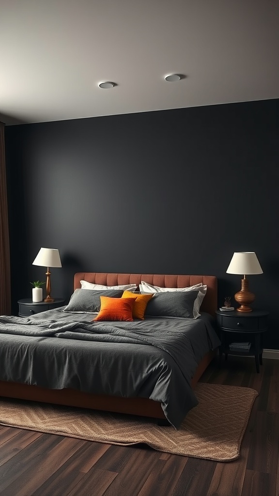 A cozy bedroom featuring a dark statement wall, a warm brown bed, colorful cushions, and soft lighting.