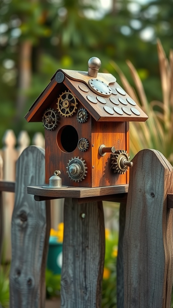 A steampunk inspired birdhouse with gears and a wooden structure.