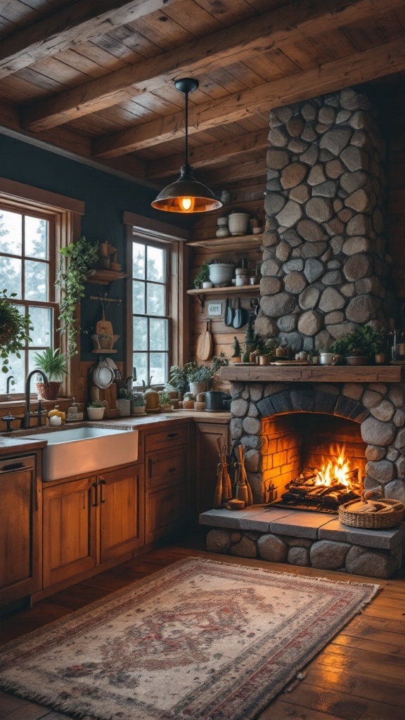 Cozy cabin kitchen featuring a stone fireplace next to the cooking area