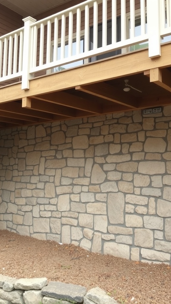 A sturdy stone wall under a wooden deck with a white railing.