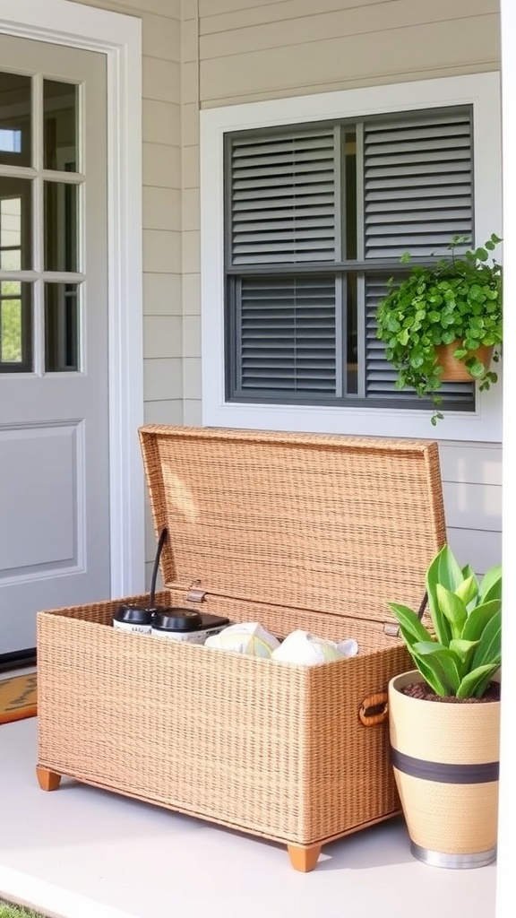 A woven storage ottoman on a small front porch, with a potted plant beside it.