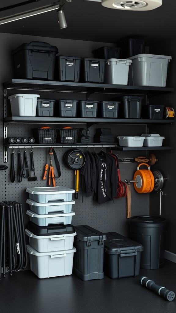 Organized storage in a black garage gym with labeled bins and wall-mounted tools.