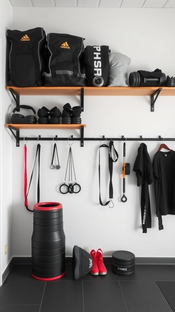 A well-organized home gym storage area with shelves and hooks for equipment.