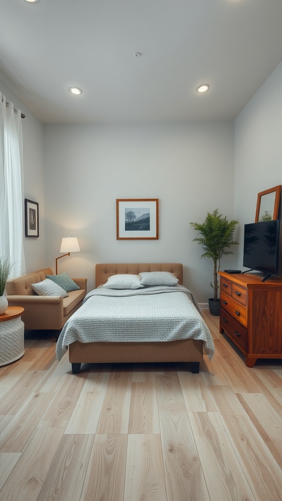 Cozy small bedroom with a bed, armchair, dresser, and natural light.