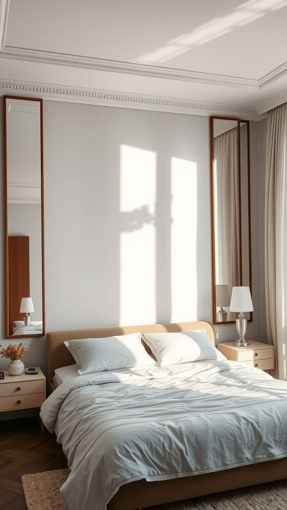 A cozy bedroom featuring a bed with light blue bedding, two tall mirrors on the wall, and natural light streaming in.