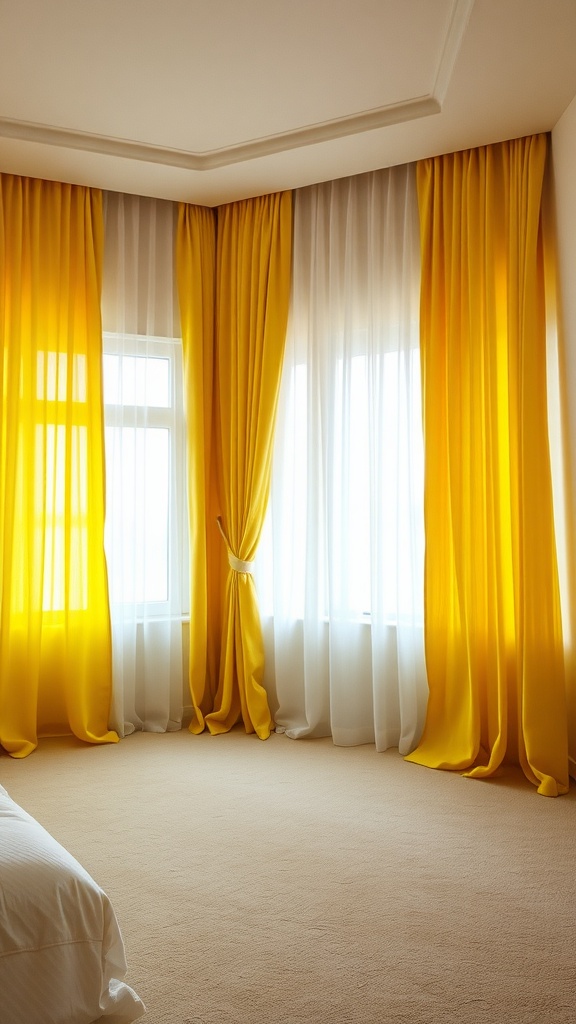 A bright beige bedroom with striking yellow curtains.