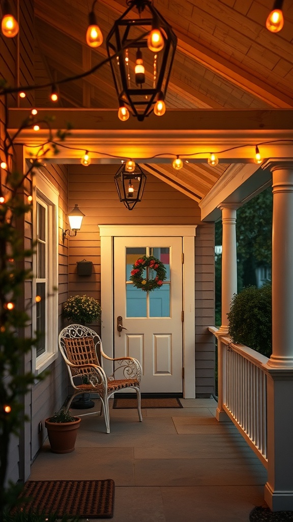 A cozy porch decorated with string lights and a wreath on the door