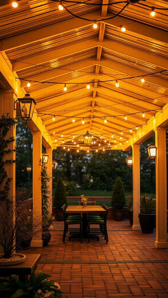 A covered patio with warm string lights hanging from the ceiling, creating a cozy atmosphere.