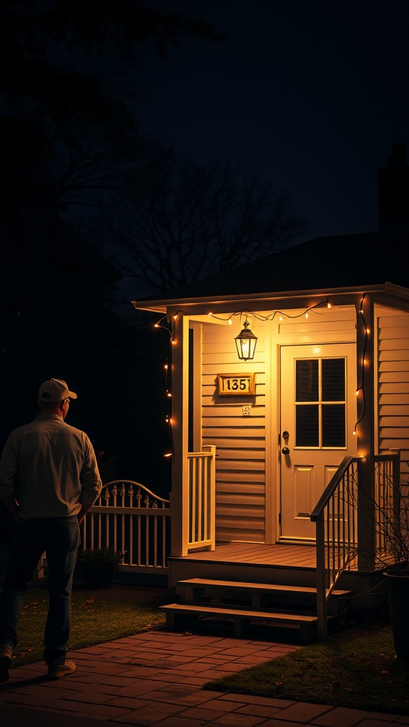 A small porch illuminated by string lights at night, creating a welcoming atmosphere.