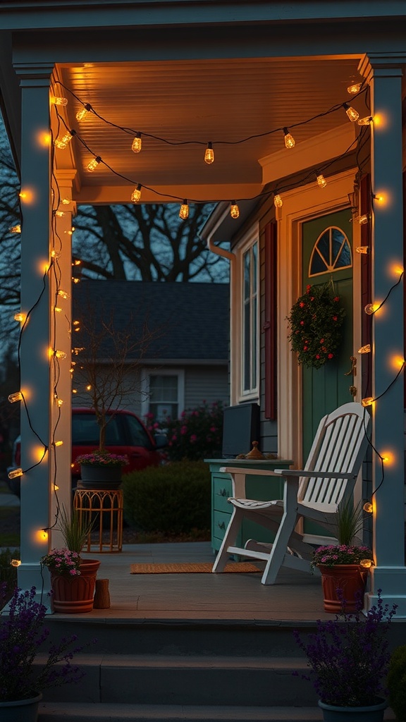 A small front porch decorated with string lights, creating a warm and inviting atmosphere.