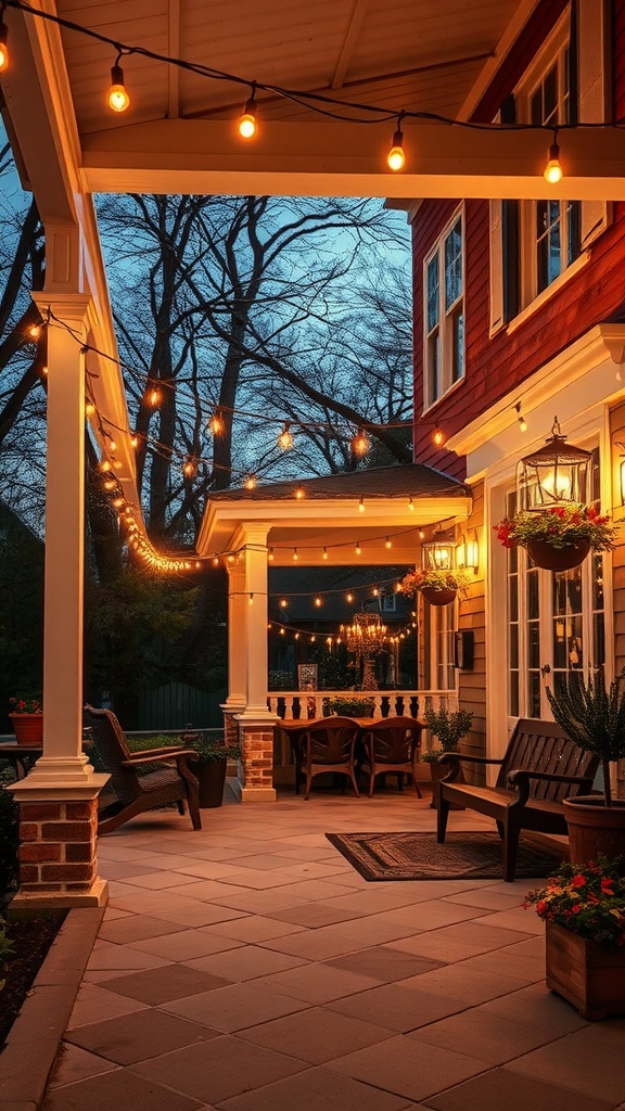 A front patio beautifully lit with string lights, creating a warm and inviting atmosphere.