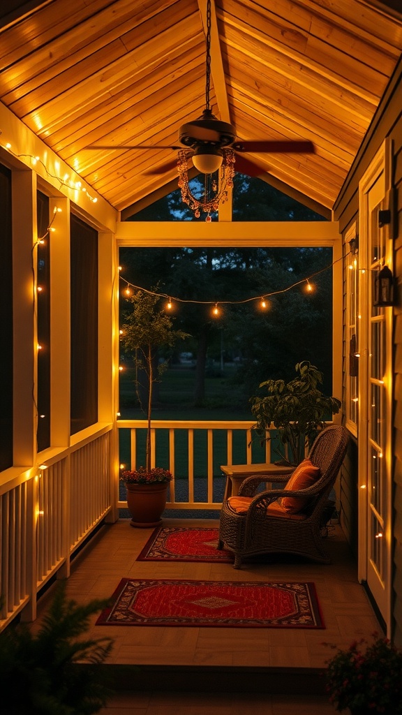 A cozy screened-in porch with string lights illuminating the space, featuring a wicker chair and vibrant rugs.