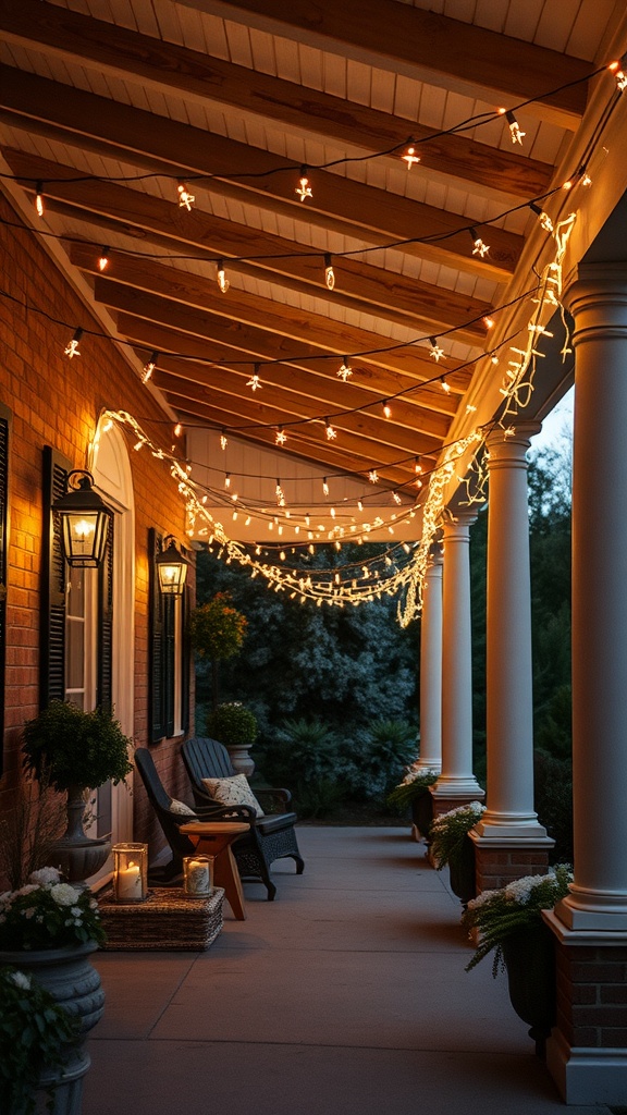 A cozy porch decorated with string lights, creating a warm evening glow.