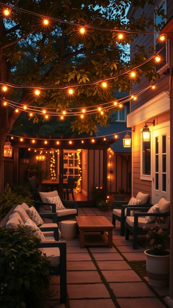 Cozy backyard with string lights creating a warm atmosphere