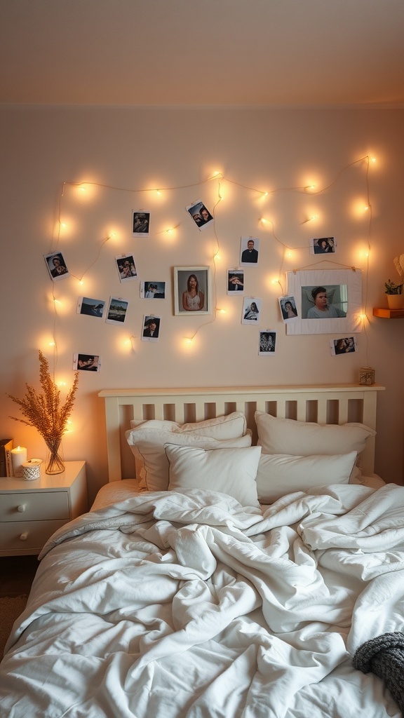 A cozy bedroom with string lights and photo clips on the wall.