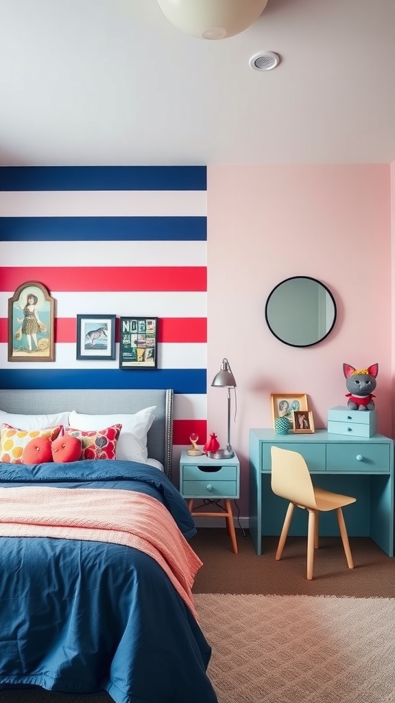 A bedroom featuring a striped wall design with red, blue, and pink colors, showcasing a cozy bed and stylish decor.