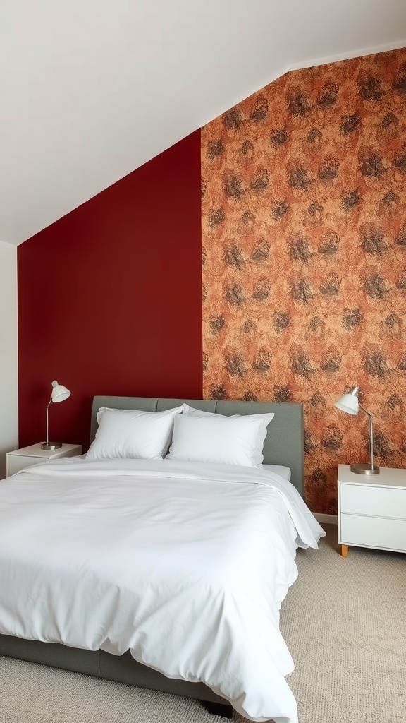 A stylish bedroom featuring a red accent wall and a patterned wall, with a bed and bedside tables.