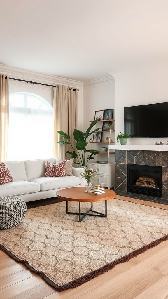 A cozy living room with a stylish hexagonal area rug, white sofa, and a wooden coffee table.