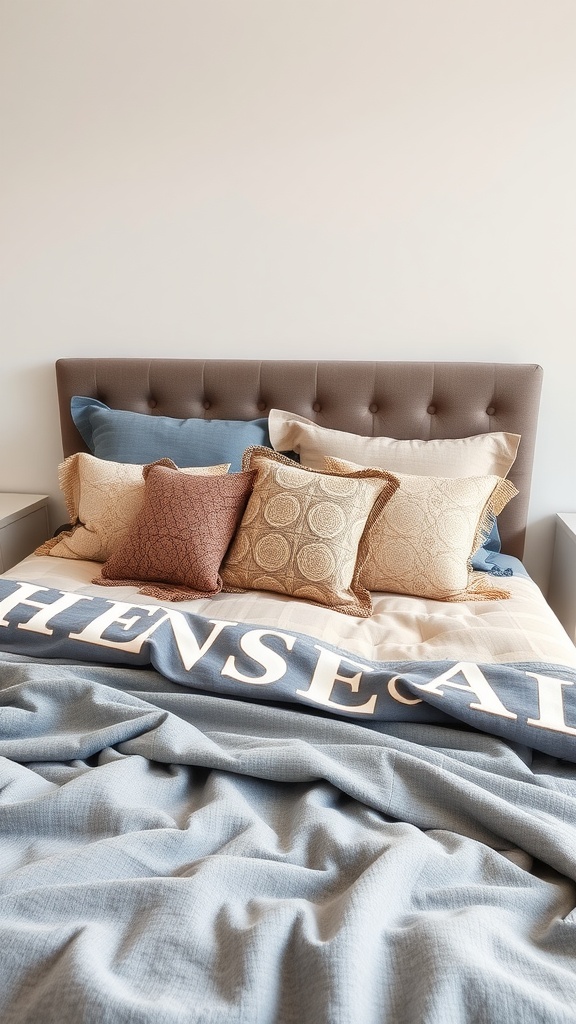 Stylish gray and beige bedroom bedding with a mix of pillows and blankets.