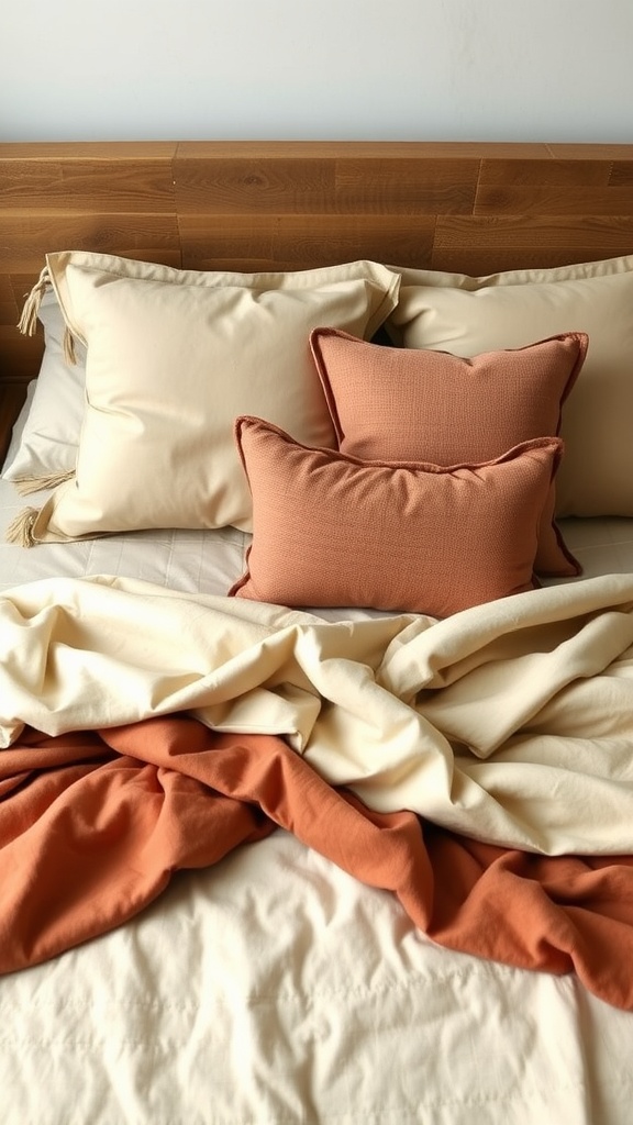 Cozy bed with beige and brown bedding, featuring layered textures and colors.