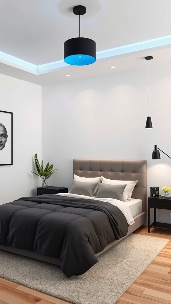 A stylish black and blue bedroom featuring modern lighting fixtures.