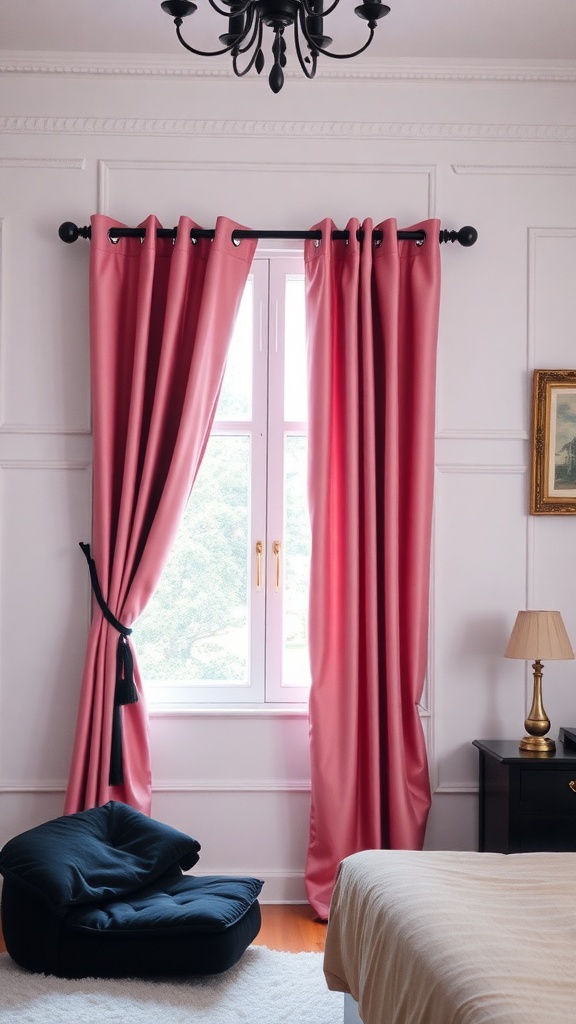 Stylish pink curtains in a black and pink bedroom