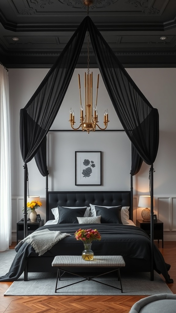 A stylish black canopy bed with sheer fabric and a golden chandelier in a modern bedroom.