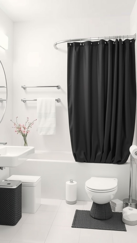 Modern bathroom with a black shower curtain and white fixtures
