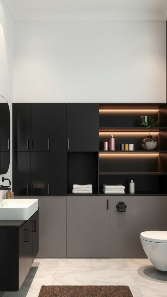 Stylish black bathroom with sleek storage solutions and warm lighting.