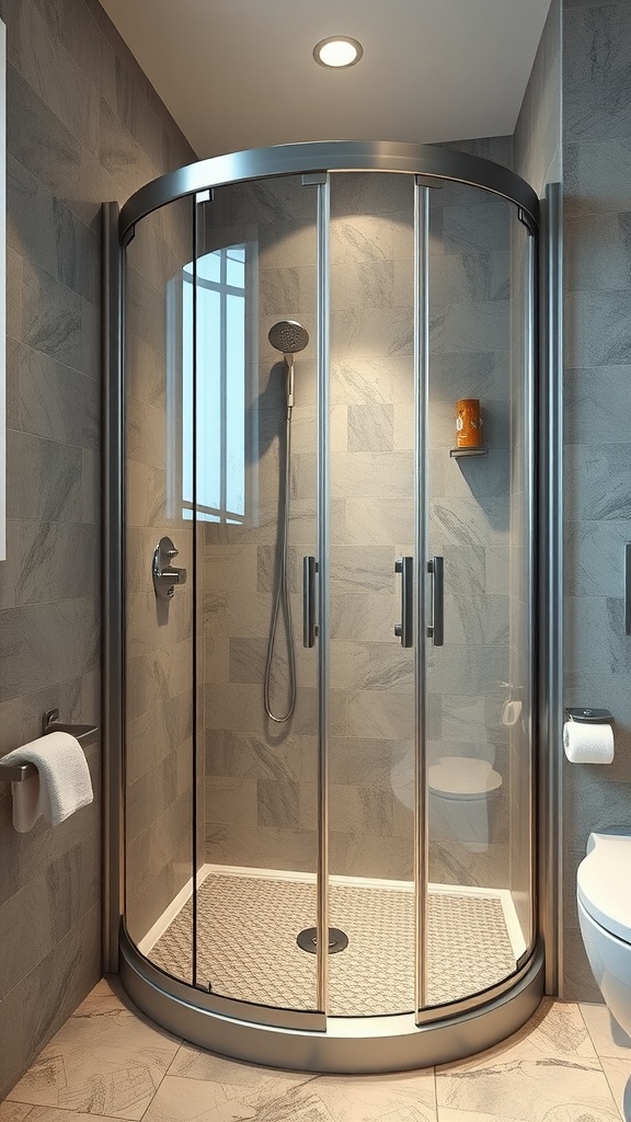 A modern compact shower enclosure with glass doors and sleek metallic fixtures in a small bathroom.