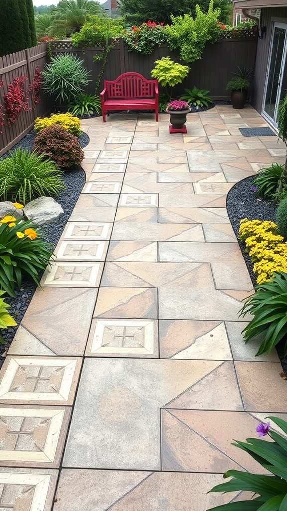 A stylish concrete patio featuring a patterned pathway bordered by colorful plants and a red bench.