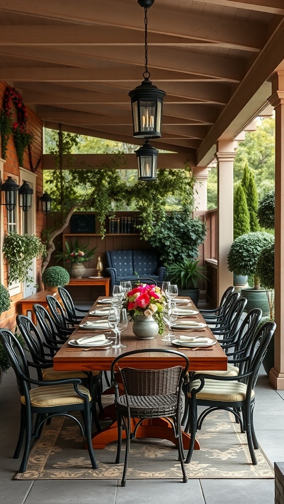 Stylish dining area on a covered patio with a long wooden table, elegant table settings, and lush greenery.